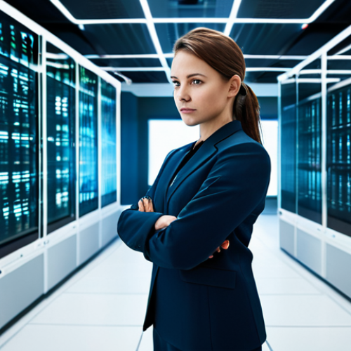 Home 11 A professional female cybersecurity expert, fully clothed in a modest, modern business suit, stands in a brightly lit, futuristic biocomputing data center. She observes multiple large holographic displays showing intricate, abstract genetic data patterns and secure network diagrams. Her pose is natural and focused, with well-formed hands gesturing subtly towards the data. The environment emphasizes advanced technology and robust security, with glowing server racks and clean lines. The image should convey a sense of vigilance and protective AI systems at work, ensuring data integrity. Perfect anatomy, correct proportions, safe for work, appropriate content, professional, high quality, studio lighting, natural pose.