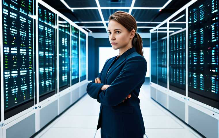 A professional female cybersecurity expert, fully clothed in a modest, modern business suit, stands in a brightly lit, futuristic biocomputing data center. She observes multiple large holographic displays showing intricate, abstract genetic data patterns and secure network diagrams. Her pose is natural and focused, with well-formed hands gesturing subtly towards the data. The environment emphasizes advanced technology and robust security, with glowing server racks and clean lines. The image should convey a sense of vigilance and protective AI systems at work, ensuring data integrity. Perfect anatomy, correct proportions, safe for work, appropriate content, professional, high quality, studio lighting, natural pose.