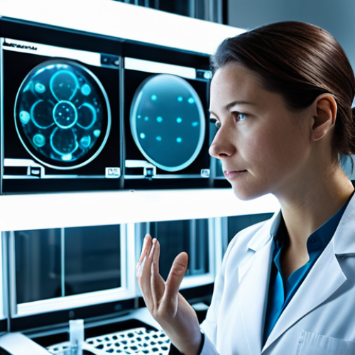 Home 6 A professional female scientist, fully clothed in a modest lab coat over a professional dress, stands focused amidst a sterile, futuristic biocomputing laboratory. She is observing complex biological systems within a glowing, transparent bioreactor, surrounded by sleek, energy-efficient equipment and subtle digital readouts. The image is a high-resolution professional photograph with crisp focus and cinematic lighting, showcasing safe for work, appropriate content, fully clothed, professional dress, perfect anatomy, correct proportions, natural pose, well-formed hands, proper finger count, natural body proportions.