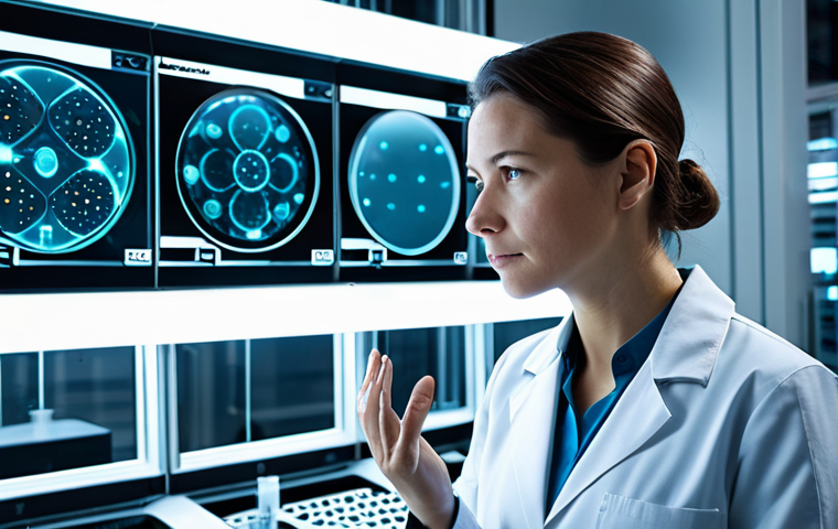 A professional female scientist, fully clothed in a modest lab coat over a professional dress, stands focused amidst a sterile, futuristic biocomputing laboratory. She is observing complex biological systems within a glowing, transparent bioreactor, surrounded by sleek, energy-efficient equipment and subtle digital readouts. The image is a high-resolution professional photograph with crisp focus and cinematic lighting, showcasing safe for work, appropriate content, fully clothed, professional dress, perfect anatomy, correct proportions, natural pose, well-formed hands, proper finger count, natural body proportions.