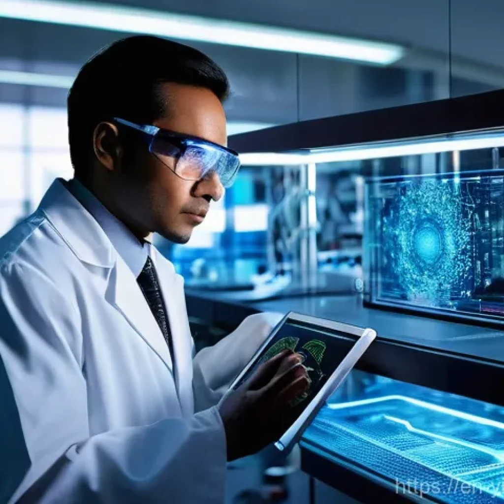 바이오컴퓨팅과 유전체학의 만남 - **Biocomputing Unveiled:** A stunning, ultra-modern laboratory. In the foreground, translucent, glow...