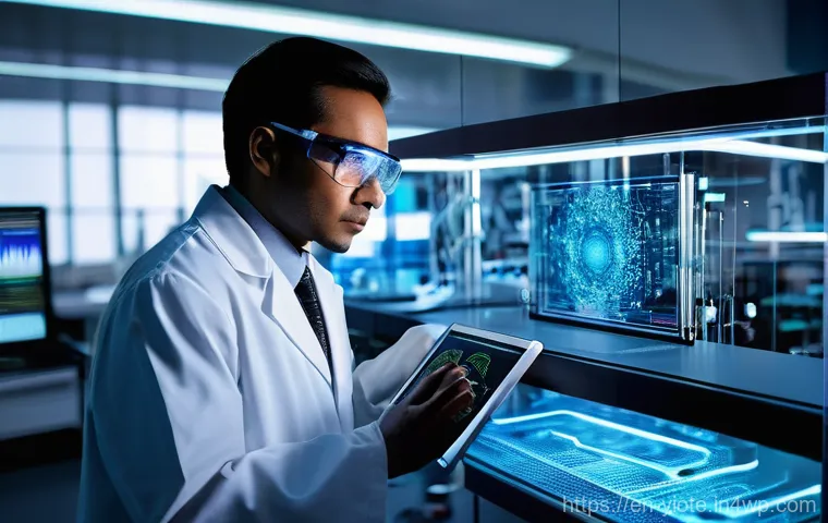 바이오컴퓨팅과 유전체학의 만남 - **Biocomputing Unveiled:** A stunning, ultra-modern laboratory. In the foreground, translucent, glow...