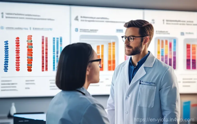 바이오컴퓨팅과 유전체학의 만남 - **Biocomputing Unveiled:** A stunning, ultra-modern laboratory. In the foreground, translucent, glow...