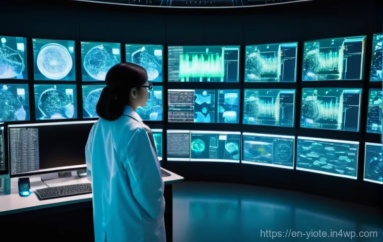 바이오컴퓨팅을 통한 유전자 분석 방법 - **Prompt:** A futuristic, high-tech bio-computing laboratory. In the foreground, a diverse team of s...