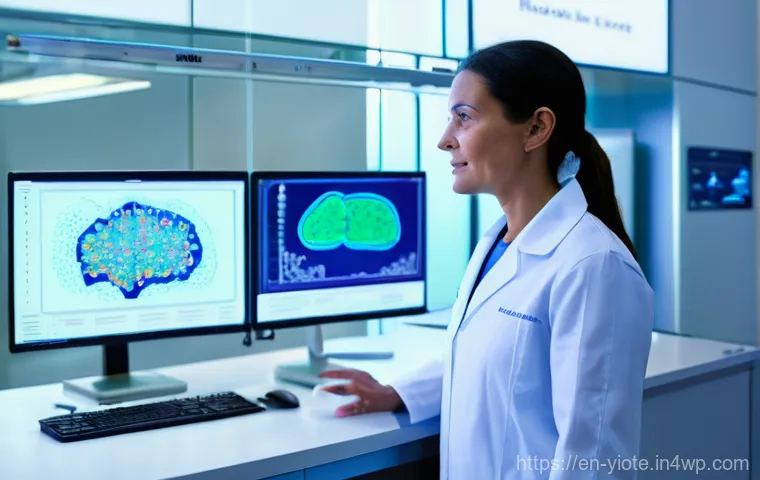 바이오컴퓨팅 기술의 활용에 따른 기대효과 - **Biocomputing Core: DNA as a Living Processor.**
    A highly detailed, cinematic close-up of a fut...