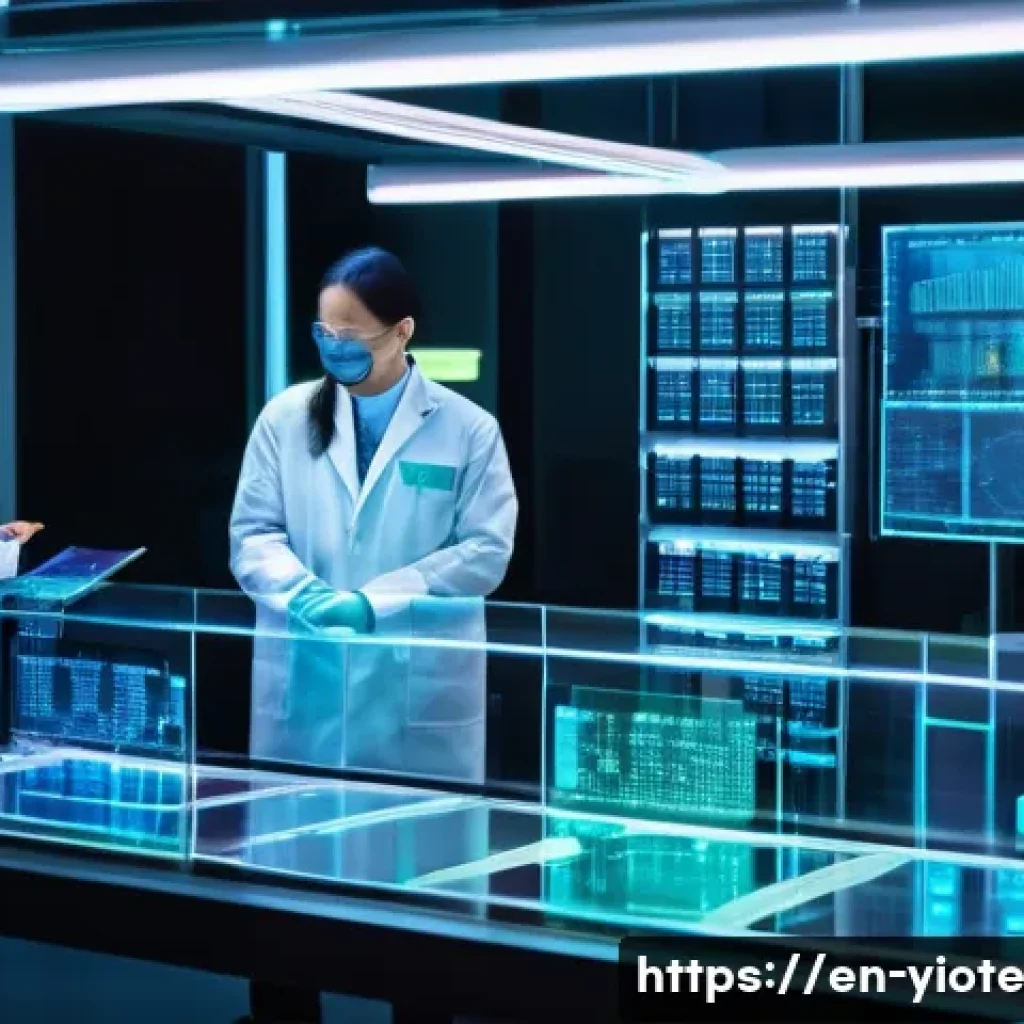 바이오컴퓨팅의 환경적 지속 가능성 연구 - A futuristic bio-computing laboratory scene showcasing advanced DNA and protein-based computing devi...