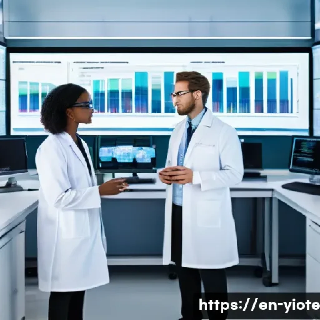 바이오컴퓨팅과 데이터 과학의 조화 - A high-tech laboratory scene showing a diverse team of scientists analyzing multi-omics data on tran...