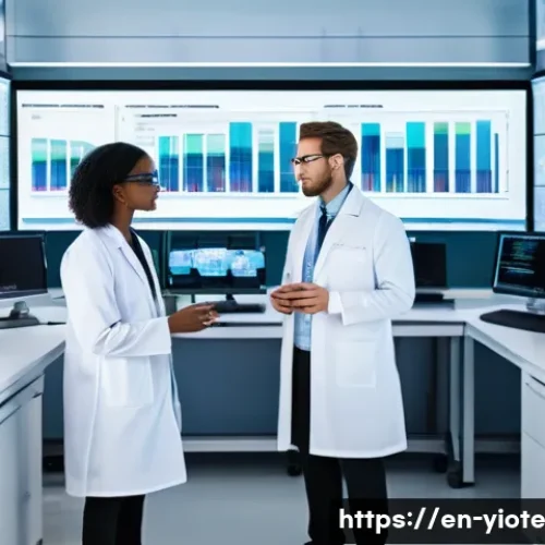 바이오컴퓨팅과 데이터 과학의 조화 - A high-tech laboratory scene showing a diverse team of scientists analyzing multi-omics data on tran...