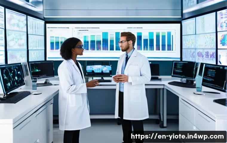 바이오컴퓨팅과 데이터 과학의 조화 - A high-tech laboratory scene showing a diverse team of scientists analyzing multi-omics data on tran...