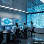 바이오컴퓨팅의 연구 협력 플랫폼 - A futuristic bio-computing laboratory scene showing a diverse team of biologists and computer scient...