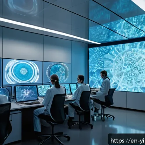 바이오컴퓨팅의 연구 협력 플랫폼 - A futuristic bio-computing laboratory scene showing a diverse team of biologists and computer scient...