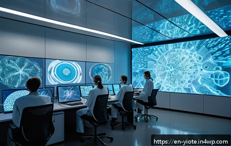 바이오컴퓨팅의 연구 협력 플랫폼 - A futuristic bio-computing laboratory scene showing a diverse team of biologists and computer scient...