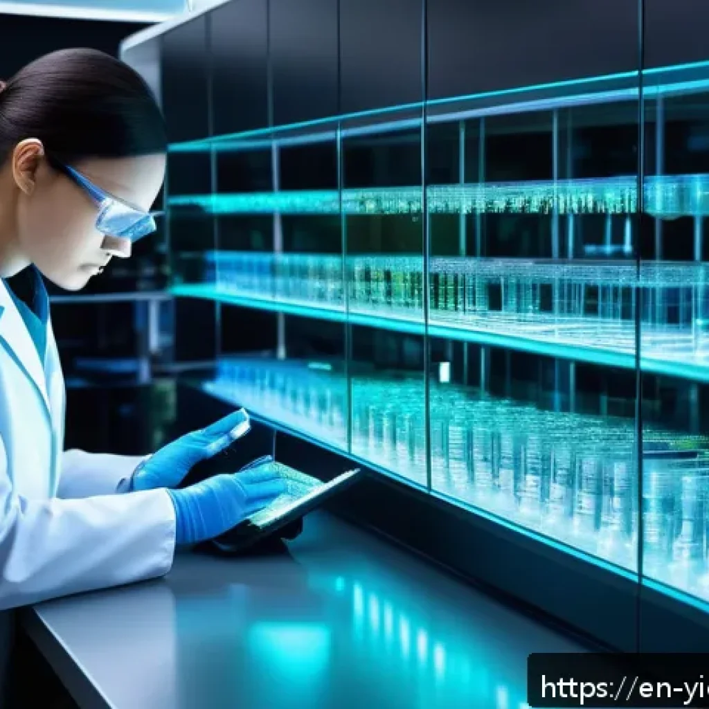 바이오컴퓨팅 기술의 장기적 전망 - A futuristic medical laboratory scene showcasing a diverse group of scientists working with advanced...