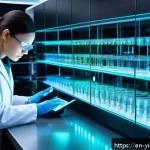 바이오컴퓨팅 기술의 장기적 전망 - A futuristic medical laboratory scene showcasing a diverse group of scientists working with advanced...