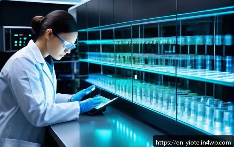 바이오컴퓨팅 기술의 장기적 전망 - A futuristic medical laboratory scene showcasing a diverse group of scientists working with advanced...