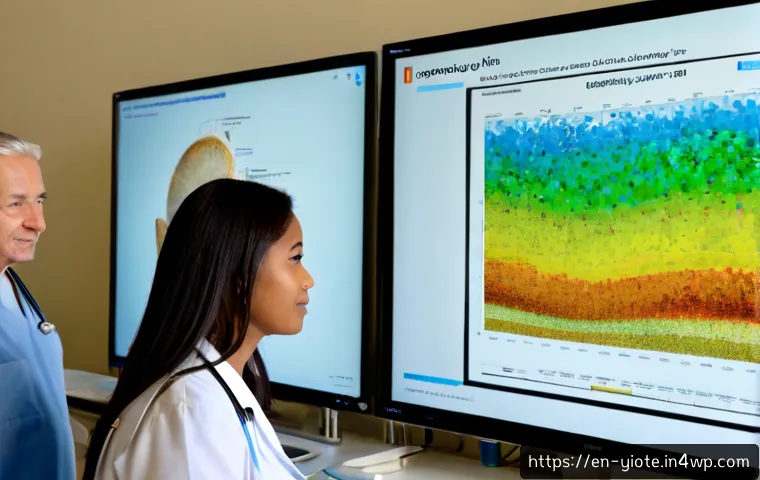 바이오컴퓨팅의 사회적 영향 - Photorealistic community health clinic using biocomputing technology, diverse doctor and older adult...