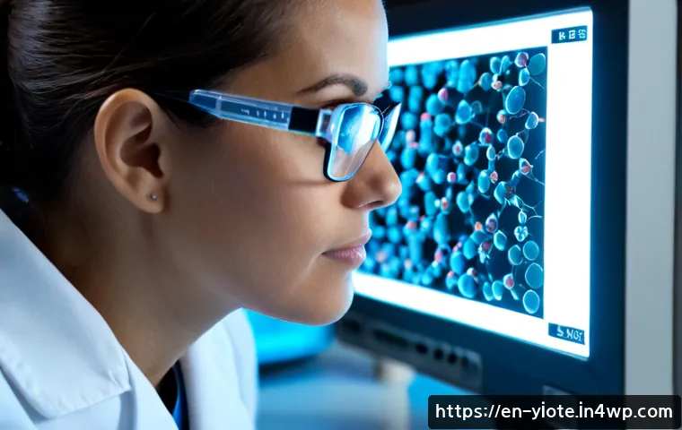 생명과학에서의 바이오컴퓨팅 응용 - Photorealistic life science laboratory, close view of a bioengineer in clean lab coat and protective...